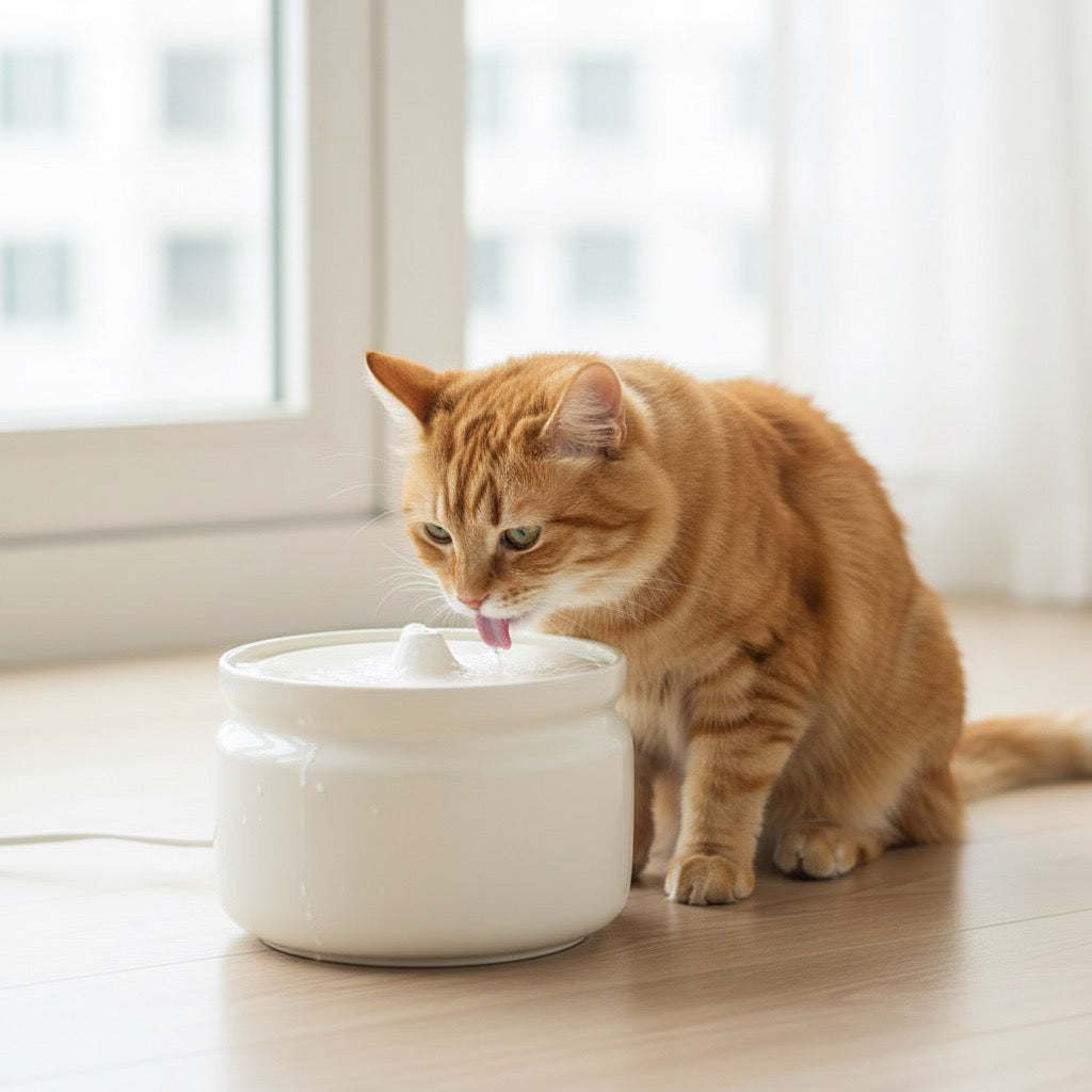 fontaine à eau chat céramique ultra silencieuse blanc avec un chat qui boit dans un salon sobre