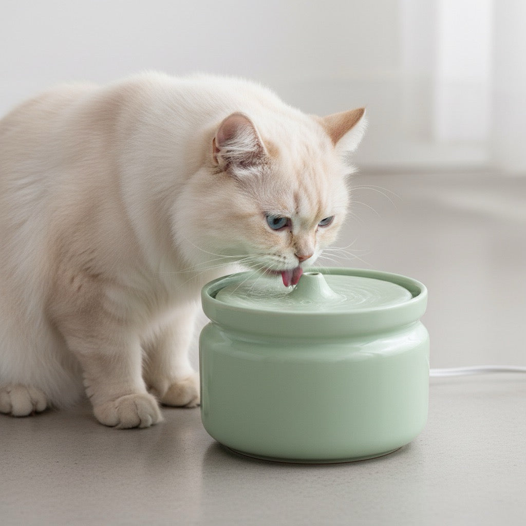 fontaine à eau chat ceramique ultra silencieuse vert avec un chat qui boit dans un salon sobre