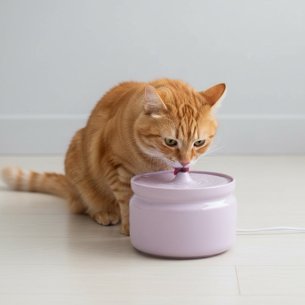 fontaine à eau chat ceramique ultra silencieuse violet avec un chat qui boit dans un salon sobre