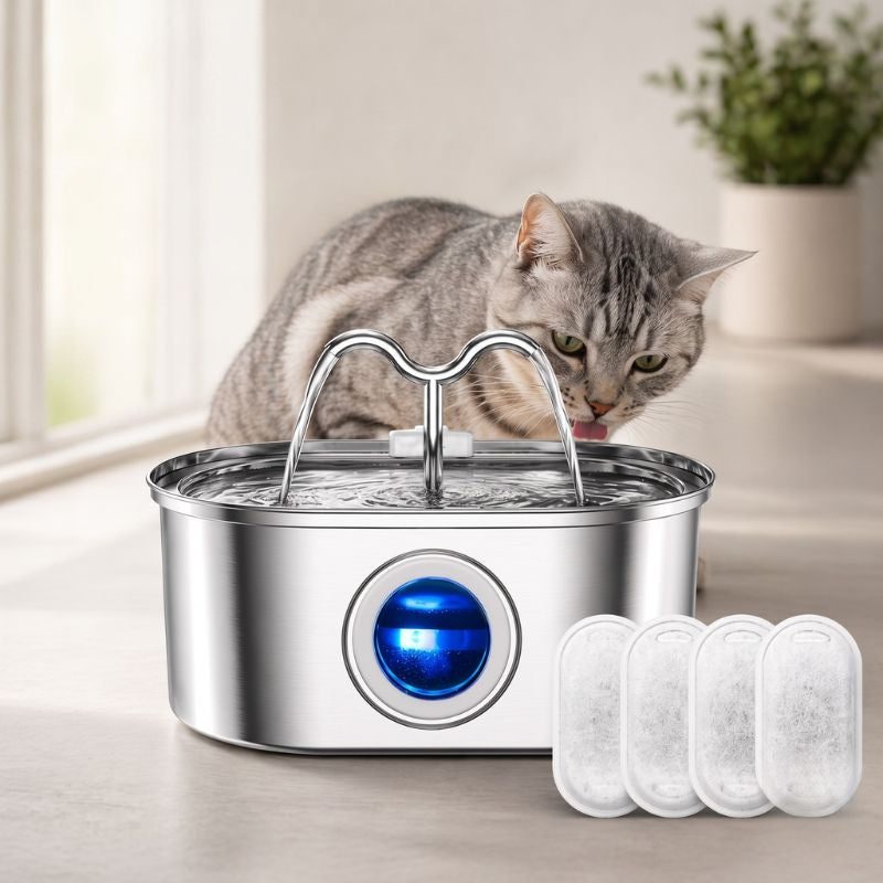 Fontaine à eau chat inox grande capacite 3.2L pour autonomie avec pack filtres inclus