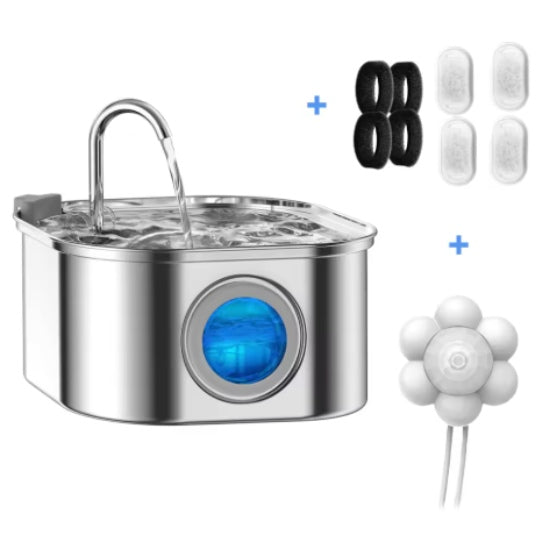 fontaine à eau pour chat en inox l'hydratation premium pour son bien-être avec bassin en acier inoxydable filtres de rechange et fenetre pour niveau eau avec capteur de mouvement