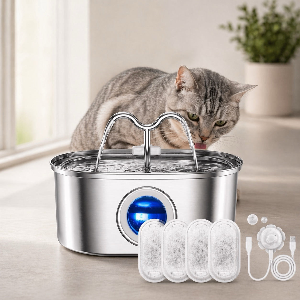 Fontaine à eau chat inox avec filtres inclus pour eau propre et capteur