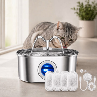 Fontaine à eau chat inox avec filtres inclus pour eau propre et capteur