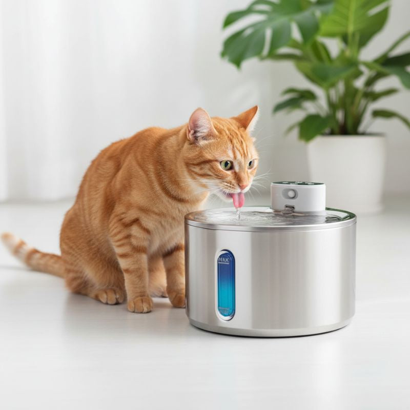 fontaine à eau chat sans électricité inox avec chat qui boit eau fraiche filtrée