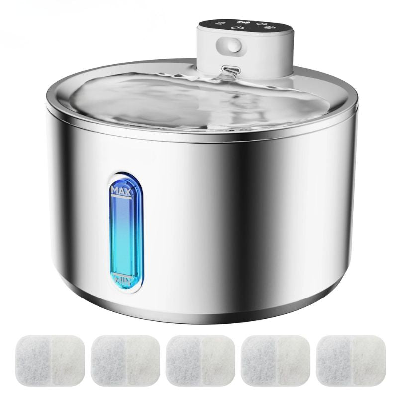 fontaine à eau chat sans électricité capacité 4L avec 5 filtres design blanc et corps inox