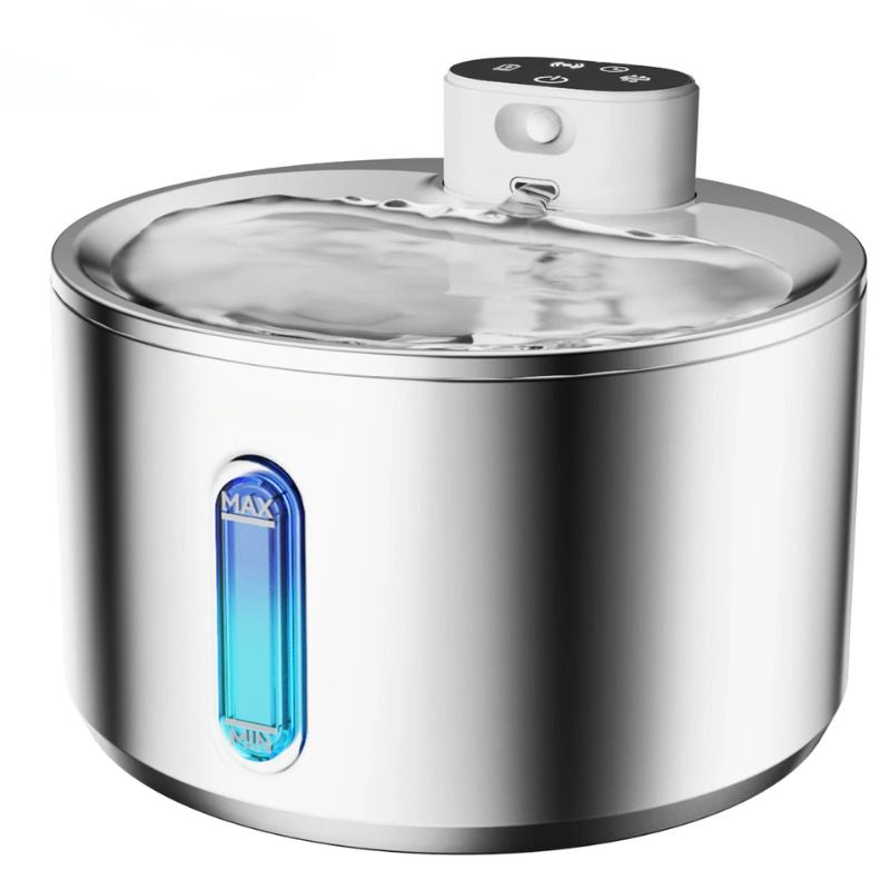 fontaine à eau chat sans électricité capacité 4L avec 1 filtre design blanc et corps inox