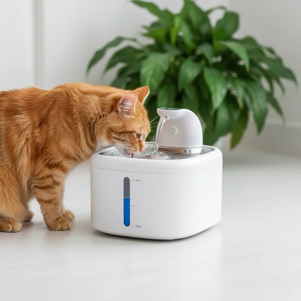 fontaine à eau chat sans fil avec un chat boit eau de la fontaine style robinet eau fraiche avec filtration continu couleur blanc