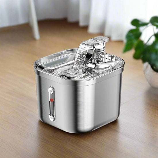 fontaine à eau pour chat en inox silencieuse triple filtration capacité 2l avec bec amovible circulant l'eau dans réservoir indicateur niveau d'eau visible