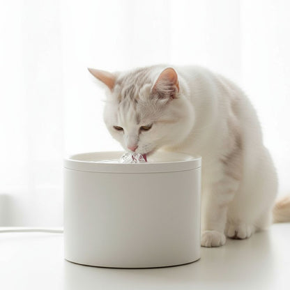 Fontaine a eau pour chat céramique blanc avec chat boit paisiblement 