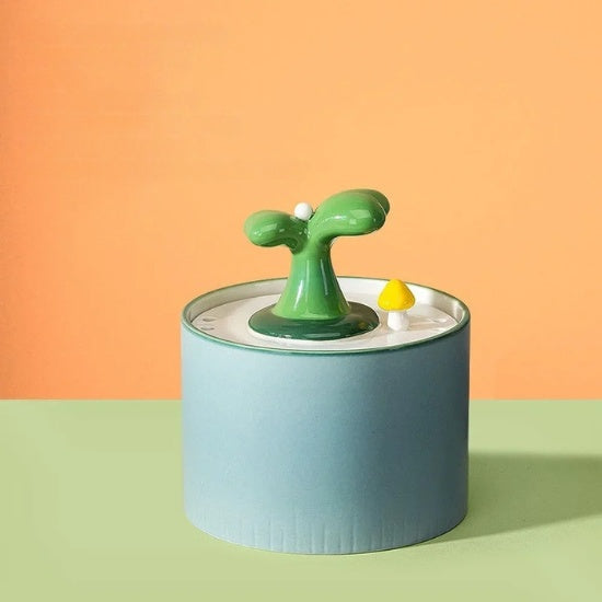 fontaine a eau pour chat ceramique ultra-silencieuse 1L hygiénique design bleu plante avec buse verte et décoration champignon pour encourager l'hydratation féline