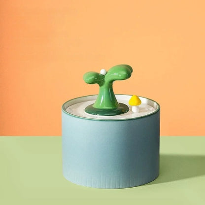 fontaine a eau pour chat ceramique ultra-silencieuse 1L hygiénique design bleu plante avec buse verte et décoration champignon pour encourager l'hydratation féline