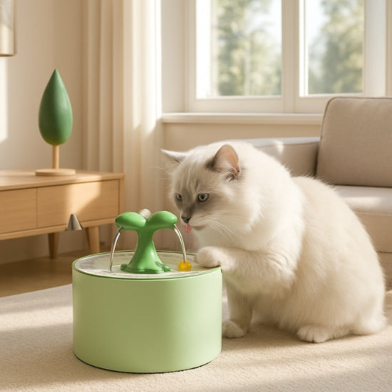 fontaine a eau pour chat ceramique silencieuse 1.5L un chat blanc boit à la fontaine à deux becs spouts dans un salon lumineux