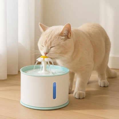 Fontaine à eau pour chat au design fleur avec un chat crème en train de boire tranquillement