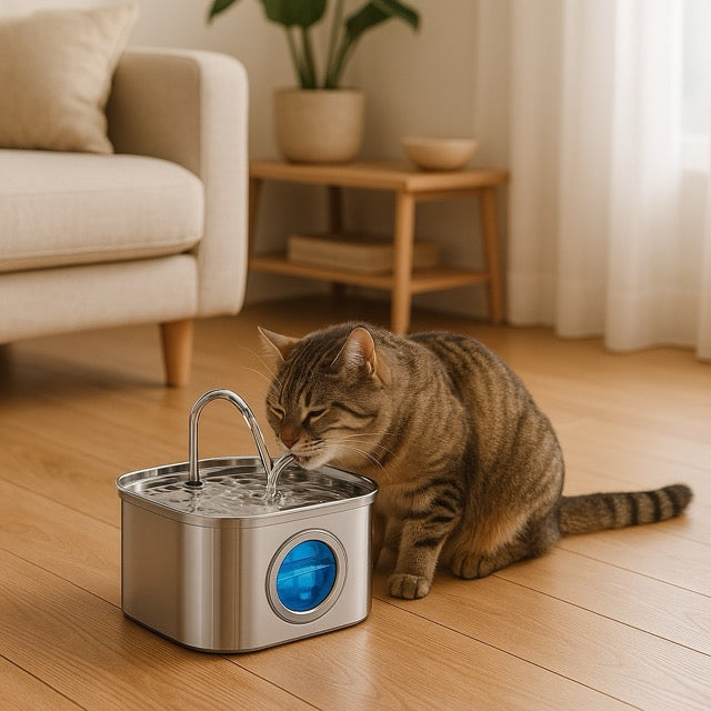 fontaine à eau pour chat en inox un chat tigré boit à une fontaine silencieuse avec bec verseur et indicateur d'eau sur sol en bois