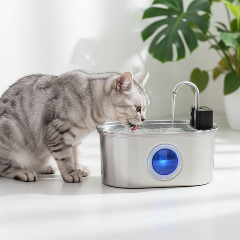 Fontaine à eau pour chat sans électricité avec batterie sans fil et capteur automatique grand volume d'eau 3,2L