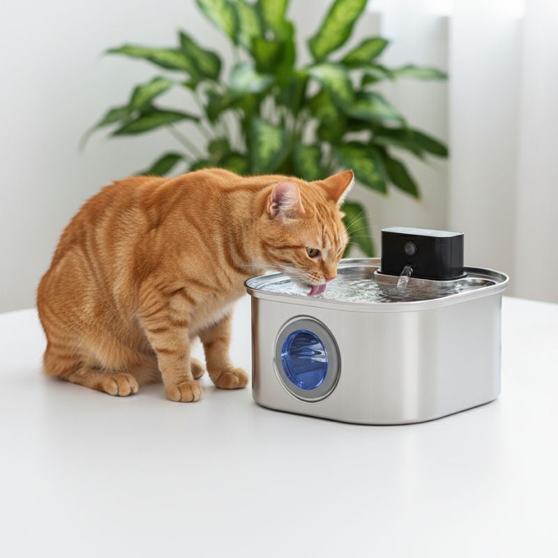 fontaine à eau pour chat sans fil en inox avec chat buvantde l'eau pure fraiche en continu