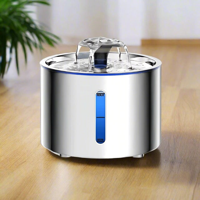 fontaine chat en inox design fleur volume 2,5 l capacité avec fenêtre max niveau pompe silencieuse filtration avancée prévient acné féline
