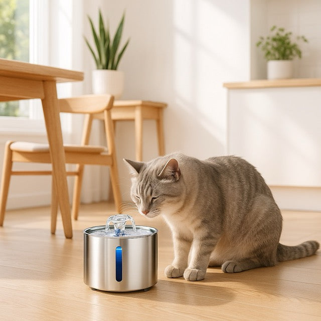 fontaine chat en inox l'hydratation au design fleur avec un chat gris clair à côté sur un sol en bois
