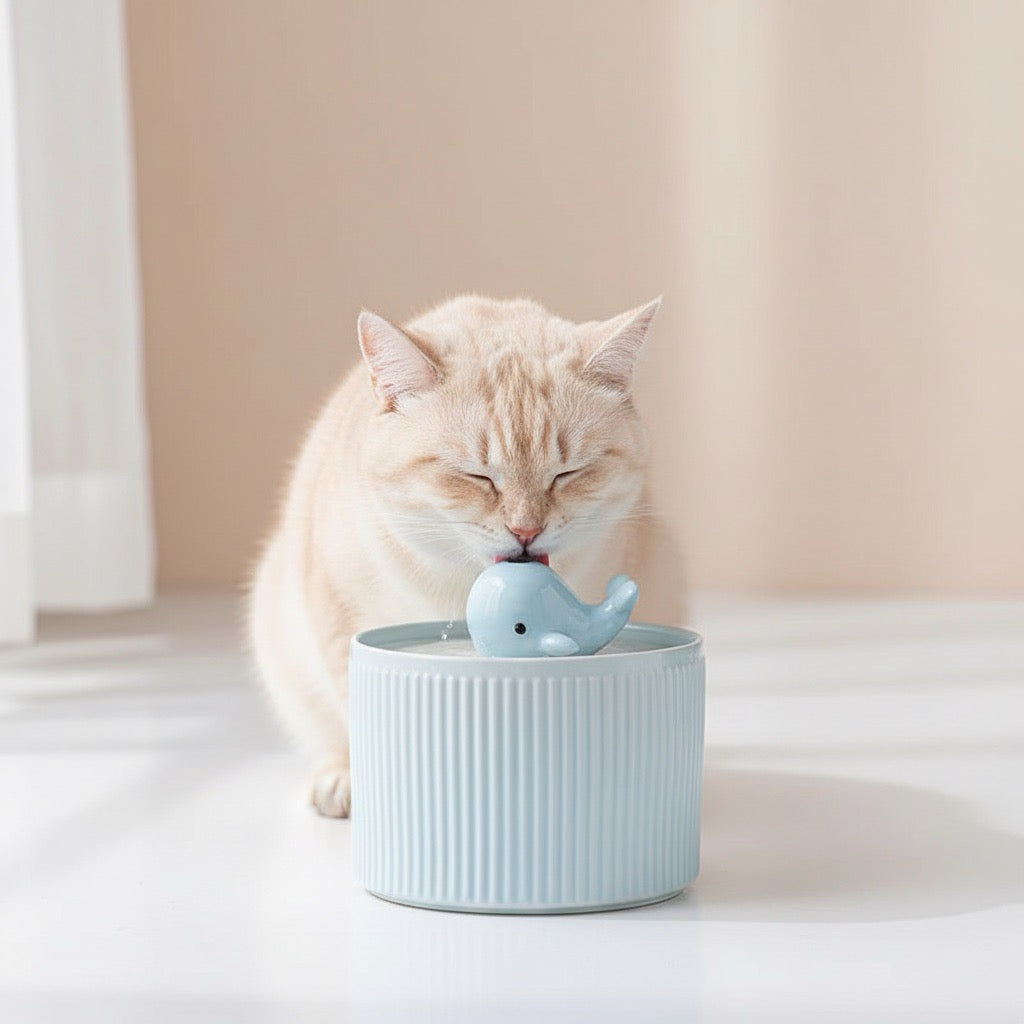 fontaine eau ceramique chat buvant de l'eau couleur bleu avec design baleine sobre minimaliste 