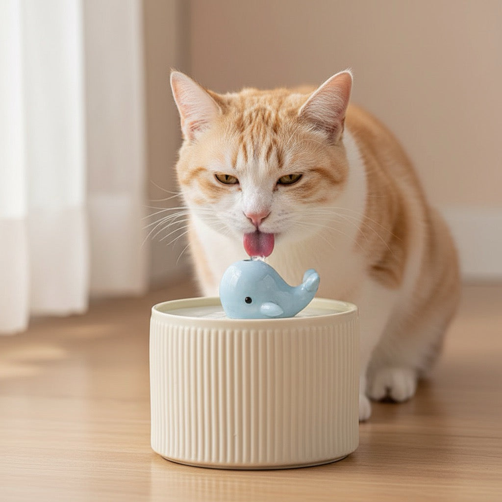 fontaine eau ceramique pour chat design baleine avec filtration eau fraiche et ultra silencieuse
