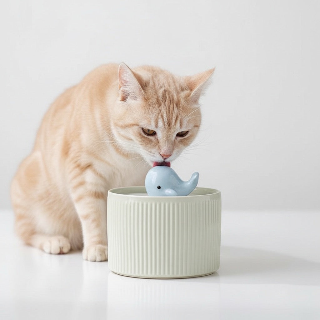 fontaine eau ceramique chat buvant de l'eau couleur vert avec design baleine minimaliste avec filtre charbon