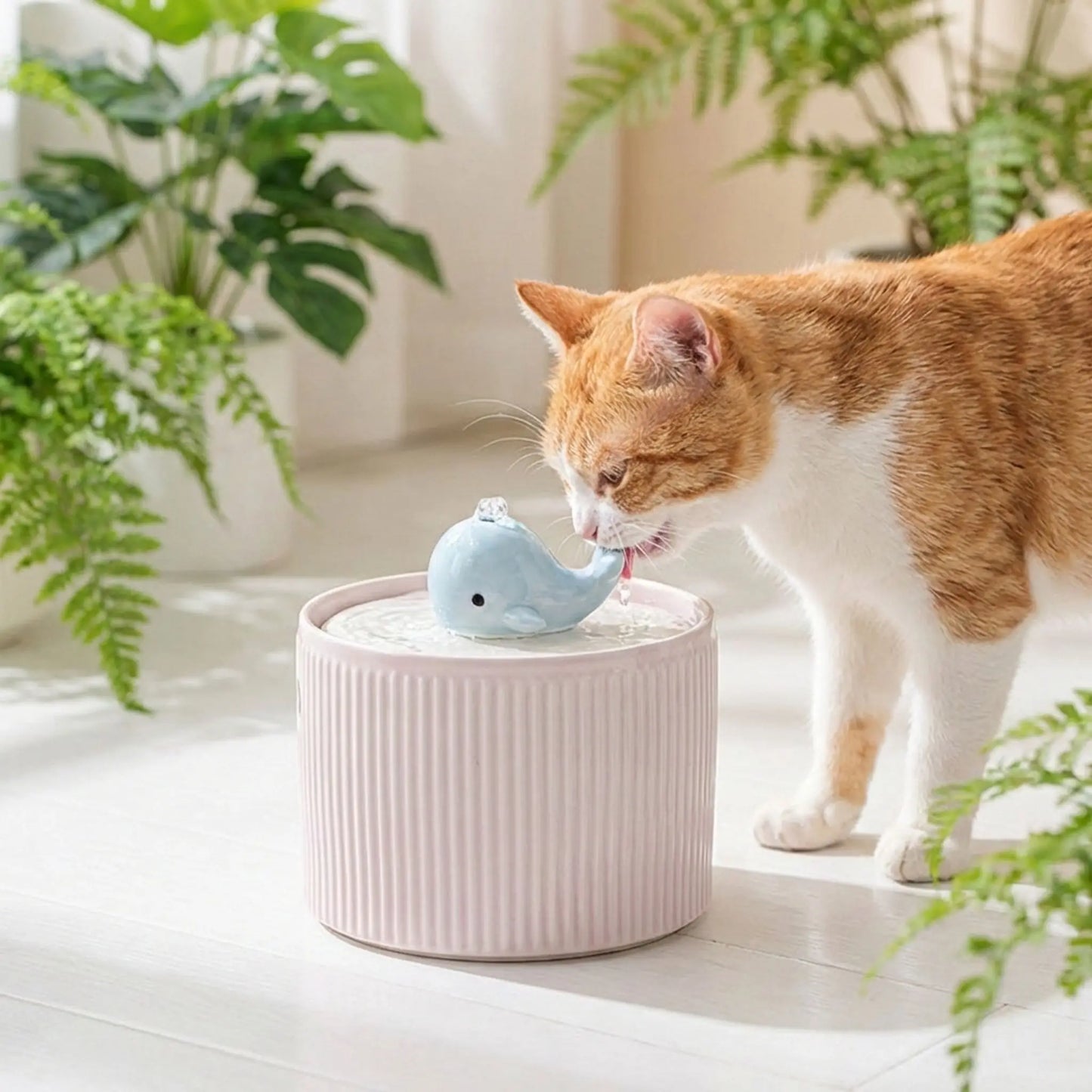 fontaine eau ceramique chat avec design baleine rose ultra-silencieuse
