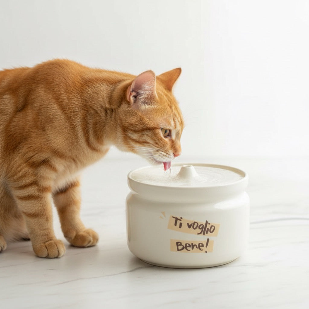 fontaine eau chat céramique silencieuse design blanc creme avec chat buvant et avec filtre charbon