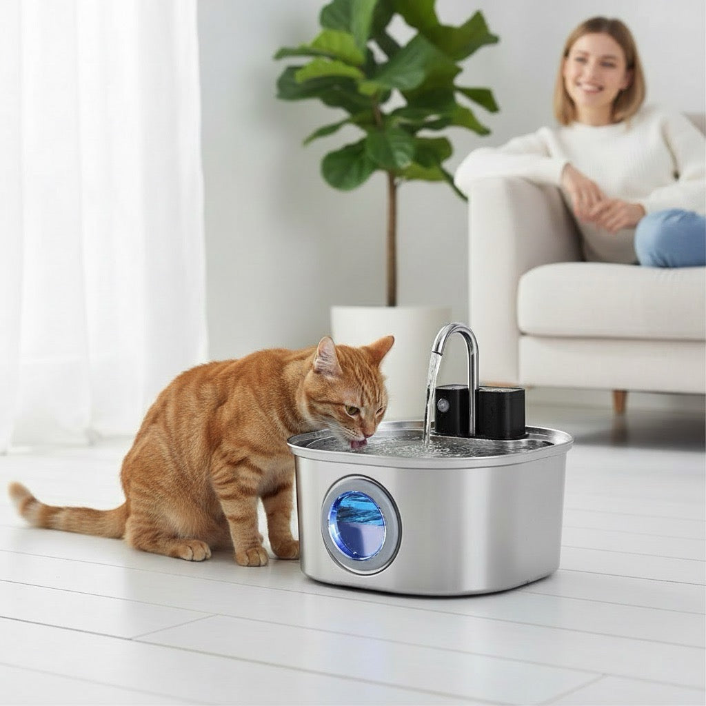 Fontaine eau chat sans fil en inox avec capteur intelligent - PurrH20™