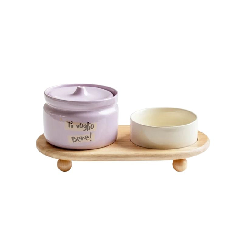 fontaine a eau chat céramique violet avec gamelle ceramique beige creme sur support bois avec filtre charbon