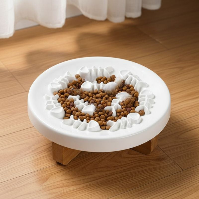 Gamelle anti glouton ceramique blanc avec design poisson support bois