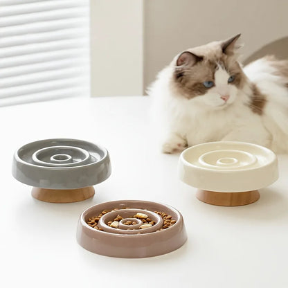  Gamelle anti glouton céramique chat avec support bois haute qualité
