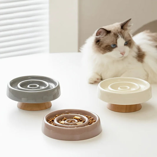  Gamelle anti glouton céramique chat avec support bois haute qualité