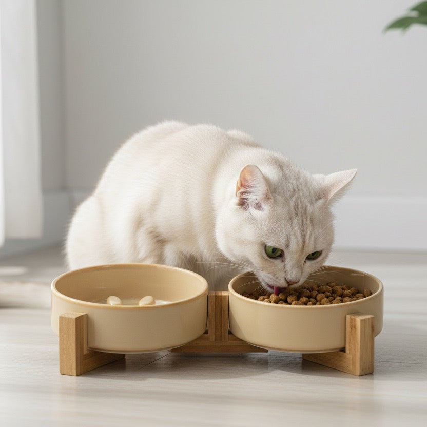 Gamelle anti glouton chat beige en céramique avec relief patte pour ralentir la prise alimentaire et anti vomissement