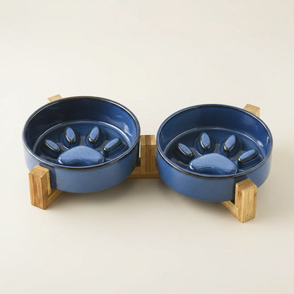 Gamelle anti glouton chat bleue double bol en céramique avec support en bambou naturel