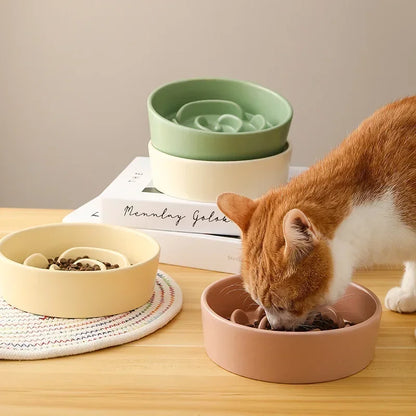 gamelle anti glouton chat en céramique design spirale fleur avec chat mangeant