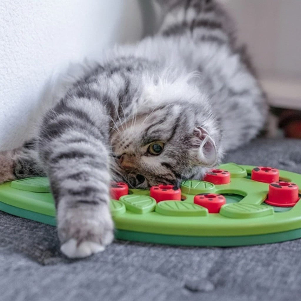 gamelle anti glouton chat chat jouant avec puzzle interactif friandises forme feuille verte 