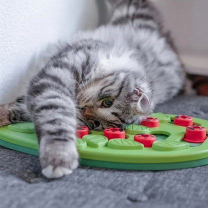 gamelle anti glouton chat chat jouant avec puzzle interactif friandises forme feuille verte 