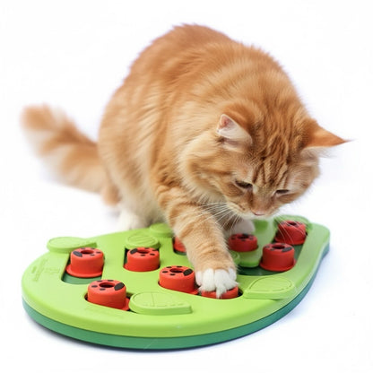 gamelle anti glouton chat puzzle interactif forme feuille verte friandises avec chat jouant
