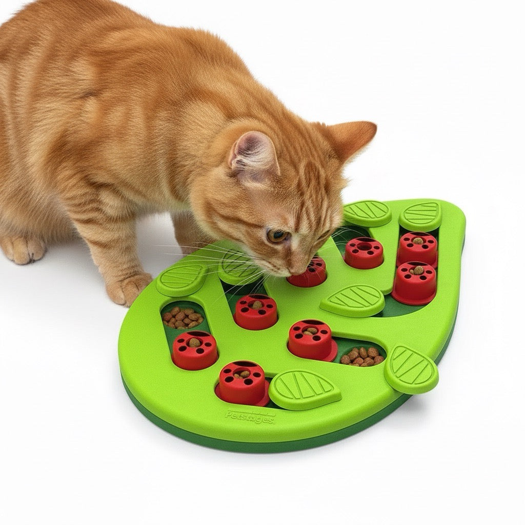 gamelle anti glouton chat puzzle interactif forme feuille verte avec chat explorant le plateau