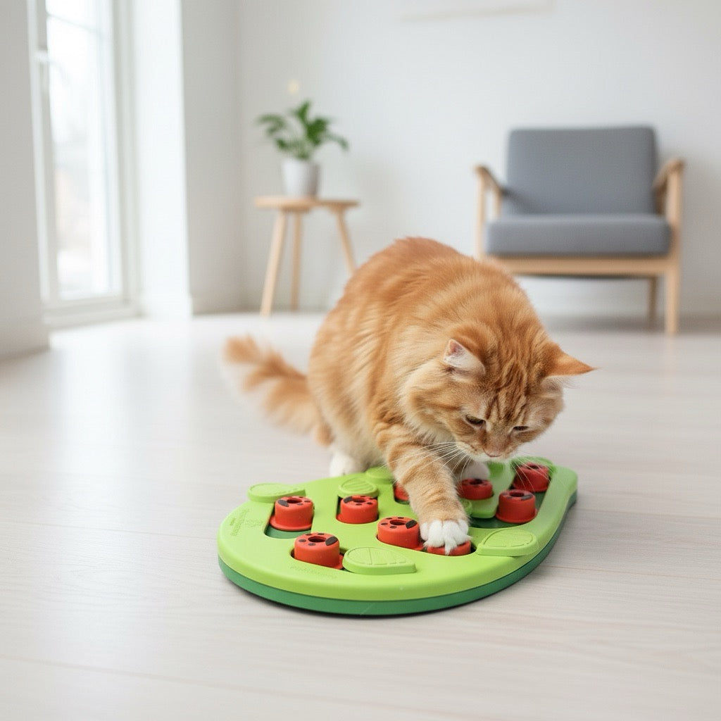 gamelle anti glouton chat puzzle interactif friandises forme feuille verte avec chat roux jouant