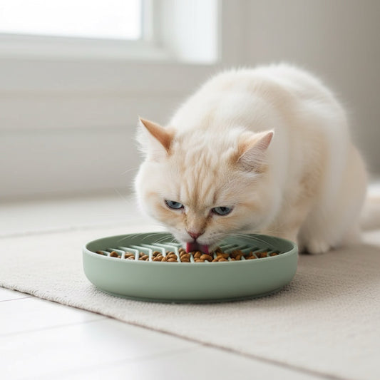 Chat mangeant dans une gamelle anti glouton en silicone pour limiter les repas trop rapides