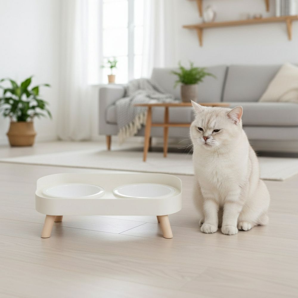 gamelle chat surélevée en céramique blanc à côté d'un chat