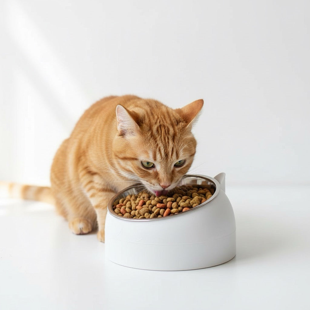 gamelle chat surélevée avec chat mange croquettes dans bol inox blanc