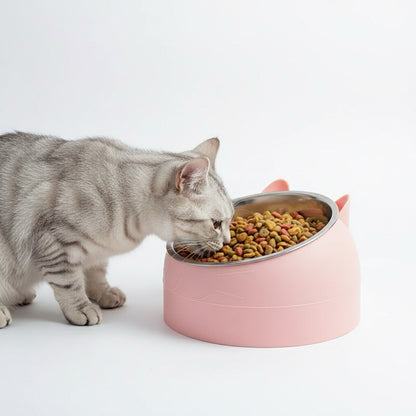 gamelle chat surélevée rose avec chat mangeant croquettes bol inox