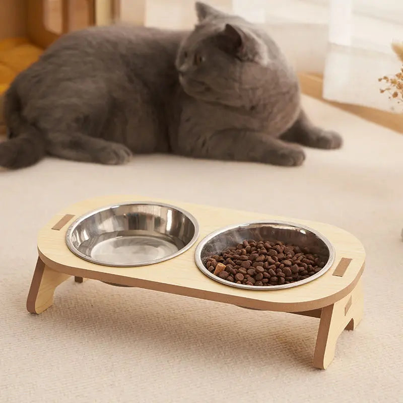 gamelle chat bol inox support bois surélevé deux bols un avec croquettes un vide ou avec eau chat gris allongé à côté