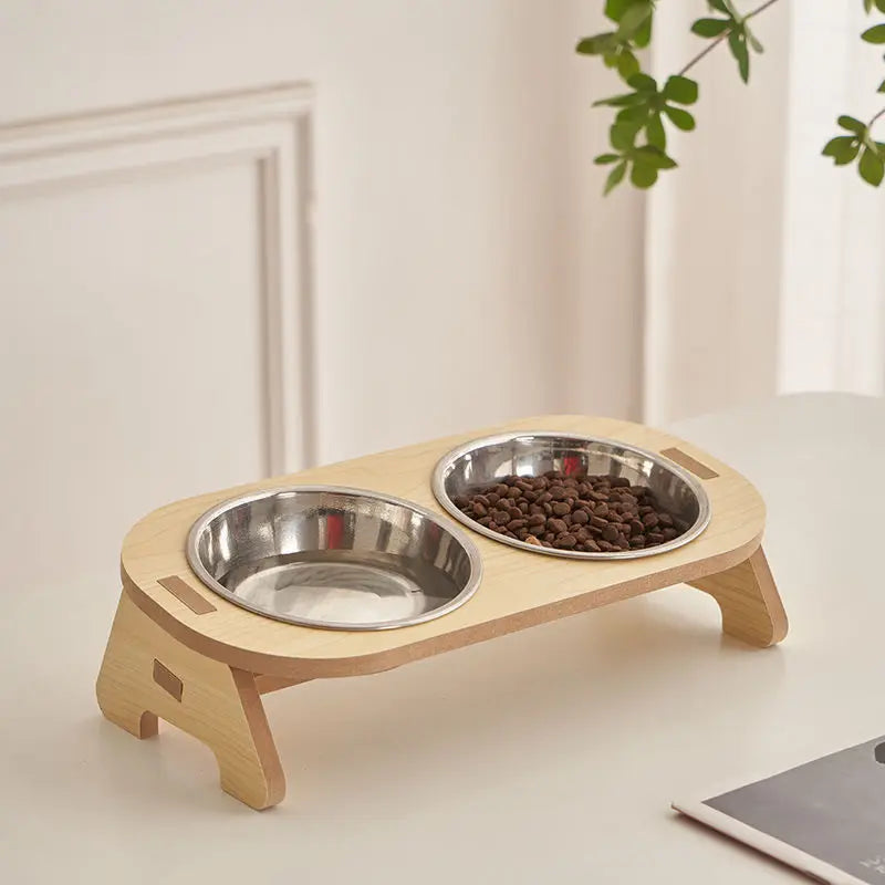 gamelle chat inox support bois surélevé avec deux bols amovibles un rempli de croquettes l'autre vide idéal pour chats ou petits chiens