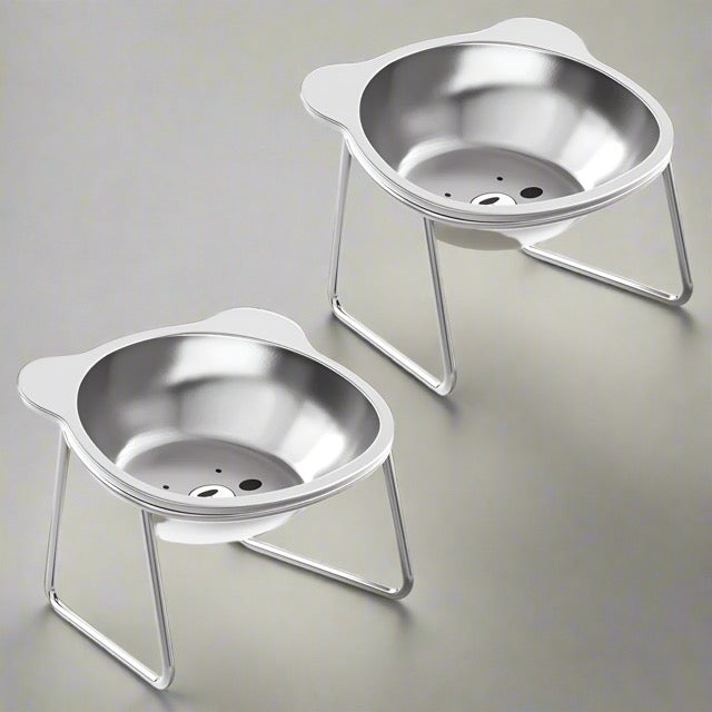 gamelle pour chat surélevée inox deux bols en acier inoxydable avec oreilles sur supports pour confort cervical et stabilité