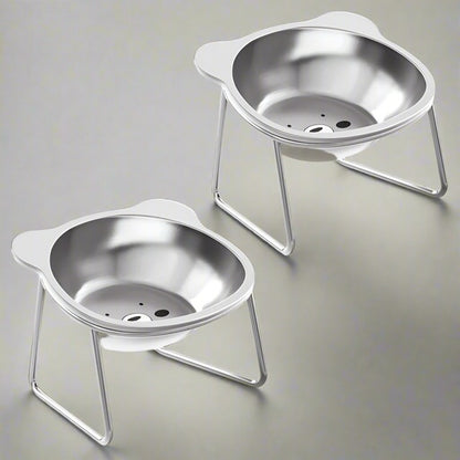gamelle pour chat surélevée inox deux bols en acier inoxydable avec oreilles sur supports pour confort cervical et stabilité