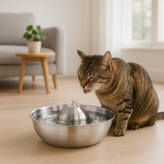 fontaine chat en acier inoxydable en forme de bol avec un jet central volume 2L pour hygiène optimale avec chat buvant dans une fontaine
