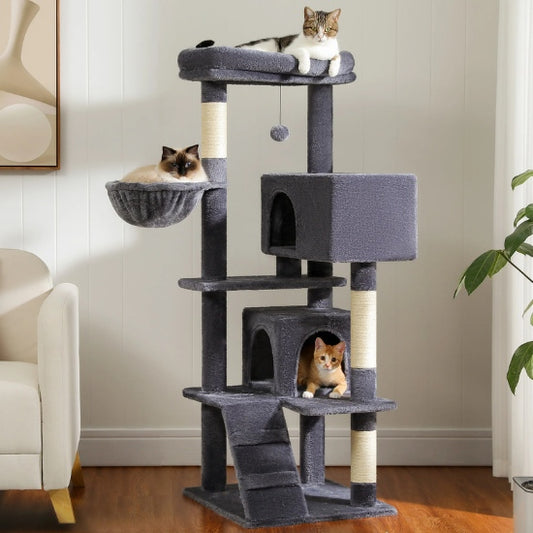 Grand arbre à chat avec panier pour chat multi-niveaux avec hamac condos spacieux et griffoirs en sisal trois chats en plein confort